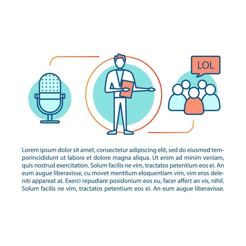 Show concept linear illustration. Performance event host. Standup fun emotion. Showman microphone. Article, magazine page. Thin line icons with text. Print design. Vector isolated outline drawing