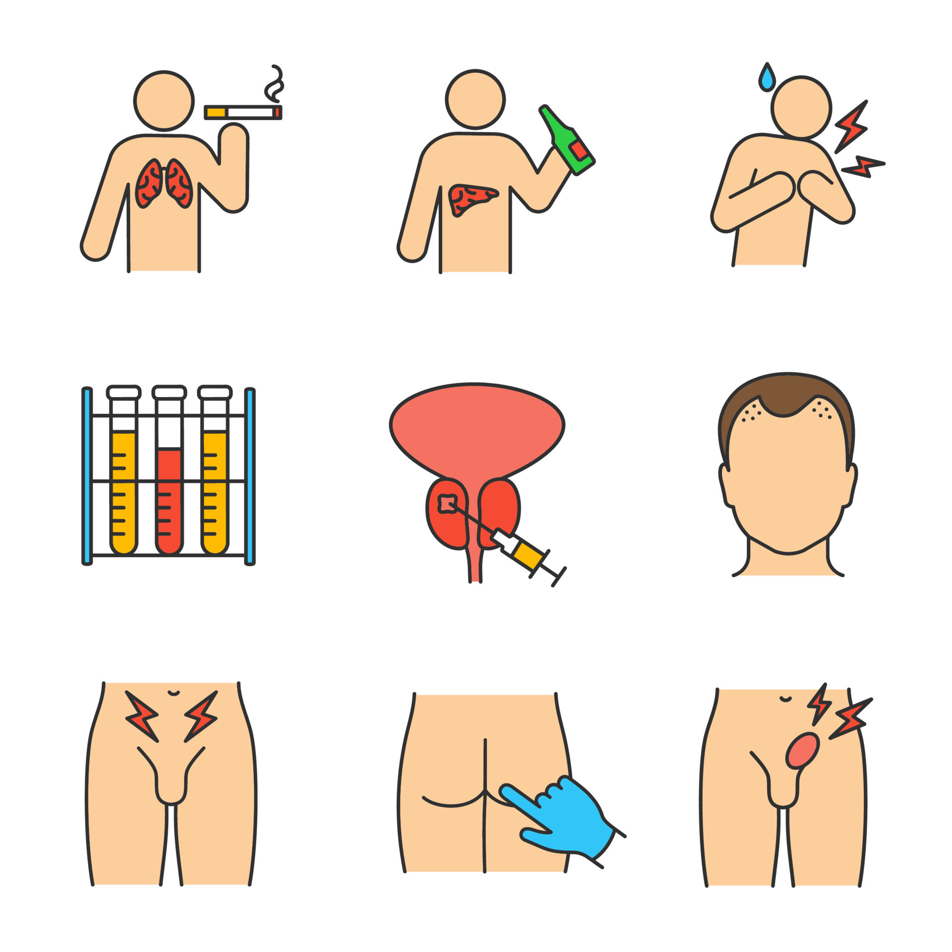 Men's health color icons set. Lungs, liver, prostate cancer, heart attack,  lab analysis, prostate biopsy, hair loss, rectal exam, inguinal hernia.  Isolated vector illustrations 3836791 Vector Art at Vecteezy