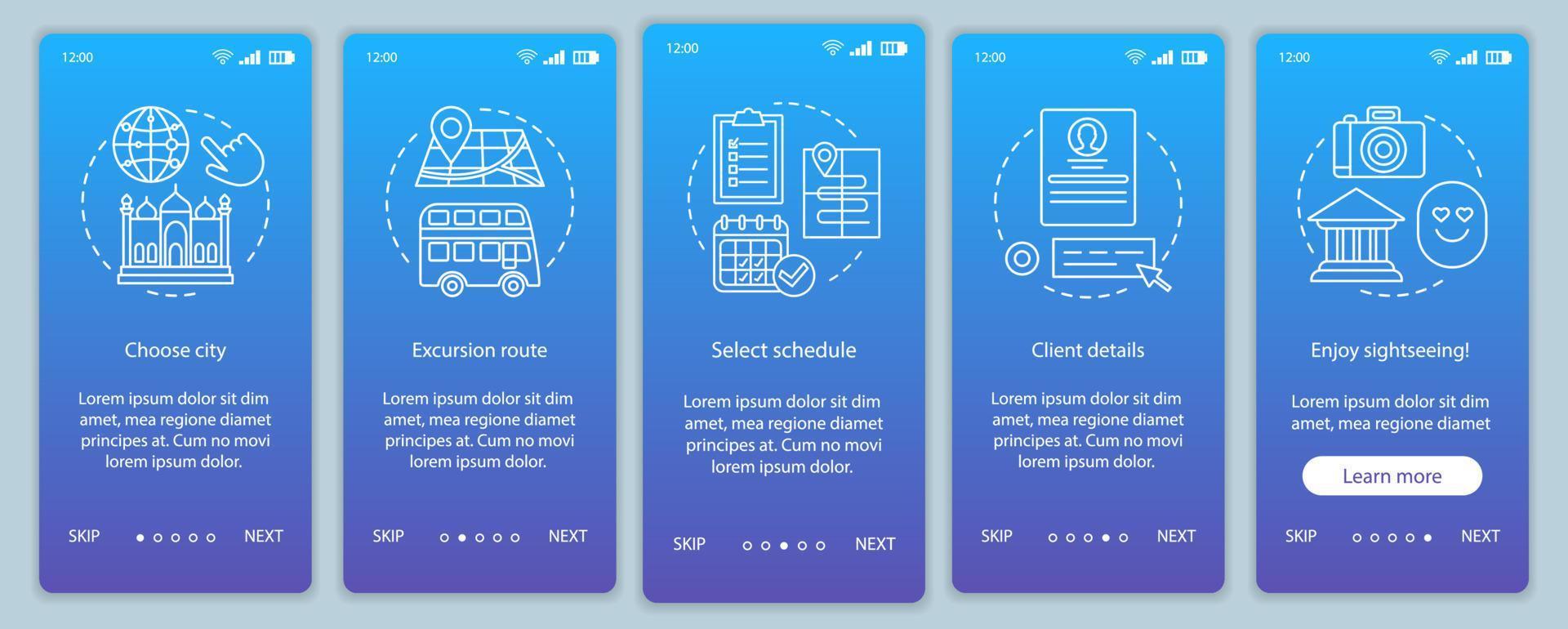 Excursion onboarding mobile app page screen vector template. Sightseeing route event. City tourism. Walkthrough website steps with linear illustrations. UX, UI, GUI smartphone interface concept