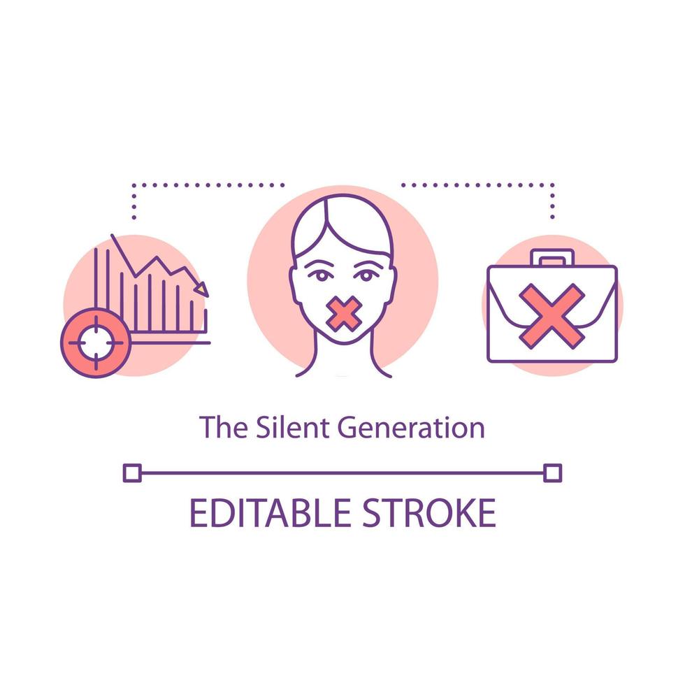 el icono del concepto de generación silenciosa. chica sin palabras, tabla que cae, maletín. desigualdad de género. acoso en el lugar de trabajo idea ilustración de línea fina. dibujo de contorno aislado vectorial. trazo editable vector