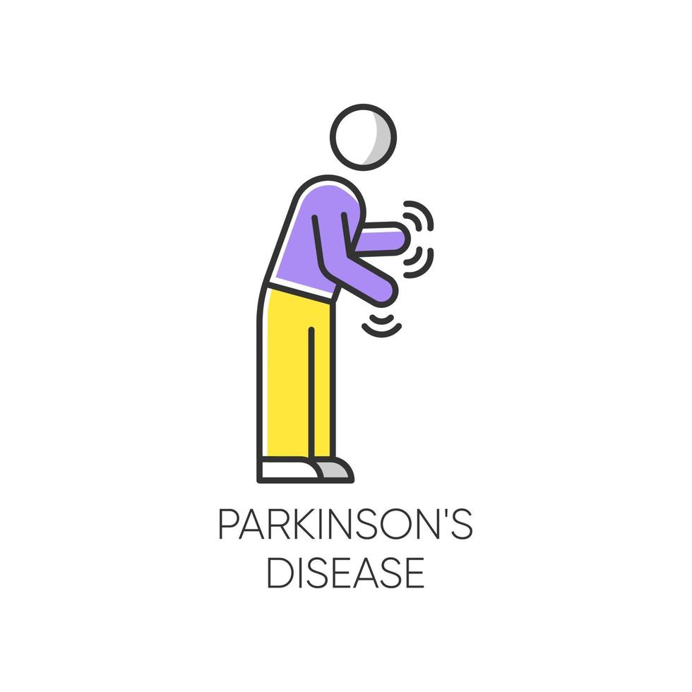 icono de color de la enfermedad de Parkinson. movimiento y dificultad para caminar. temblores y rigidez. parkinsonismo. síndrome parkinsoniano. problema de salud mental. psiquiatría, neurología. ilustración vectorial aislada vector