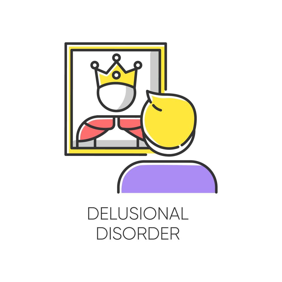 Delusional disorder color icon. Man in mirror reflection. Bizzare and false beliefs. Optical delusion. Megalomania. Clinical psychology. Mental illness. Isolated vector illustration