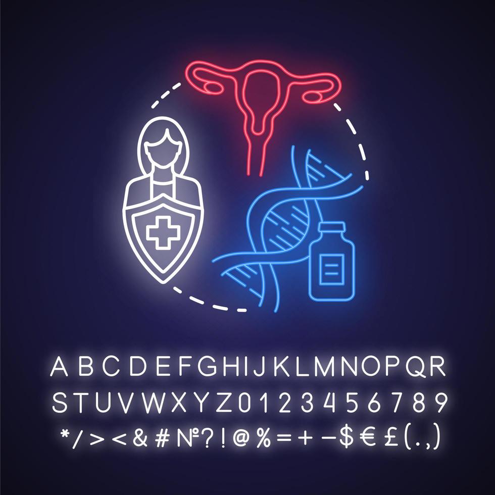 tratamientos de infertilidad icono de concepto de luz de neón. idea de salud de la mujer. aparato reproductor, embarazo, ginecología. signo brillante con alfabeto, números y símbolos. vector ilustración aislada