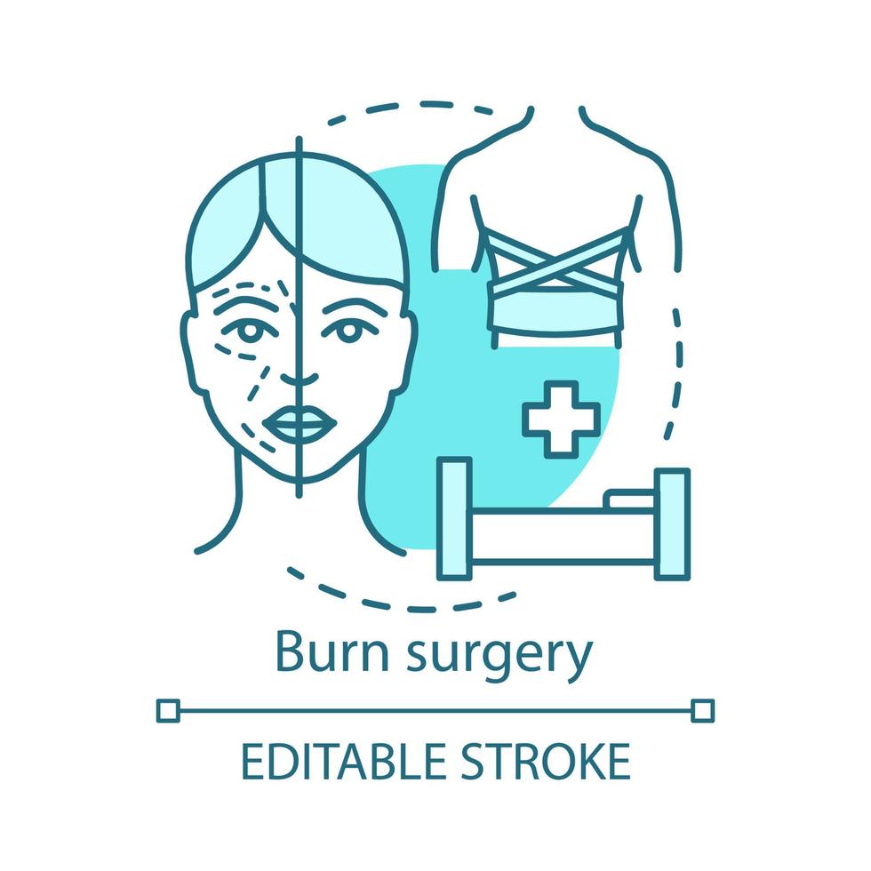 Burn surgery concept icon. Burn and wound treatment idea thin line illustration. Reconstructive plastic surgery. Vector isolated outline drawing. Plastic surgeons. Editable stroke