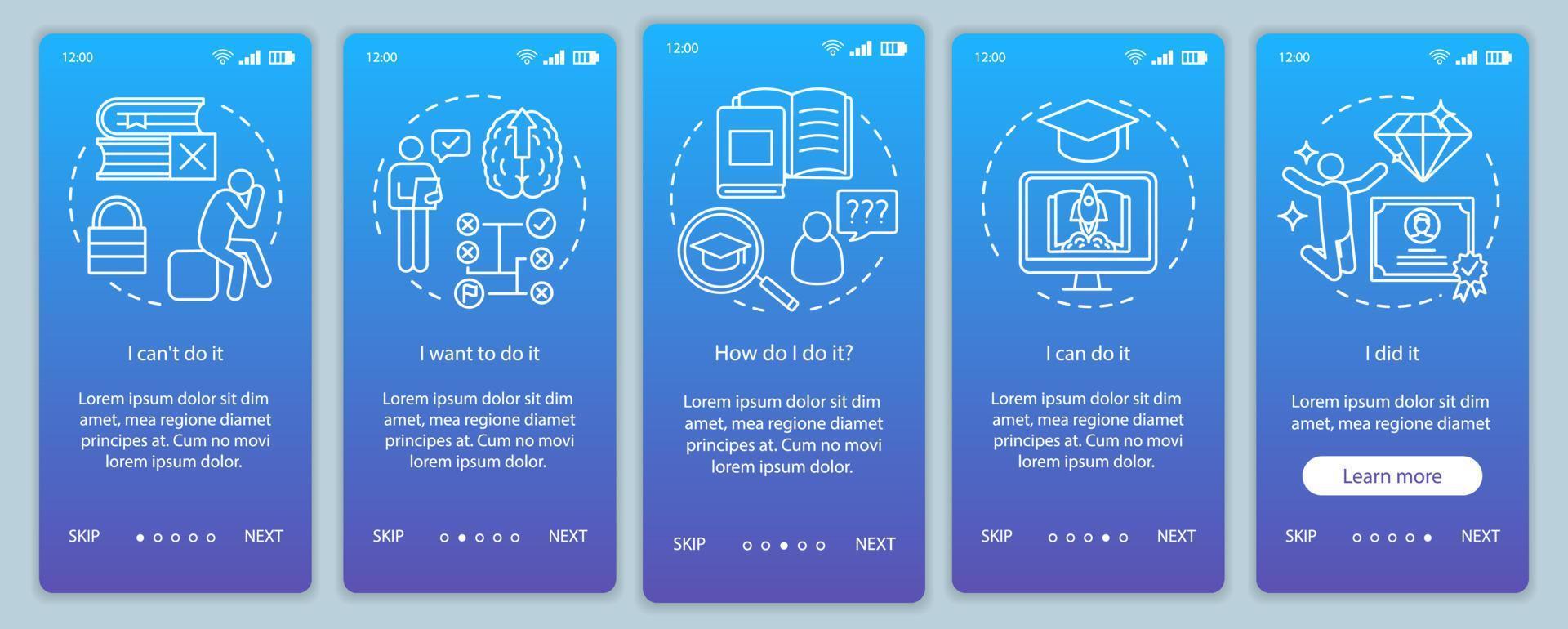 Education motivation onboarding mobile app page screen with linear concepts. Way to success. Careerist, yuppie, workaholic. Steps graphic instructions. UX, UI, GUI vector template with illustrations