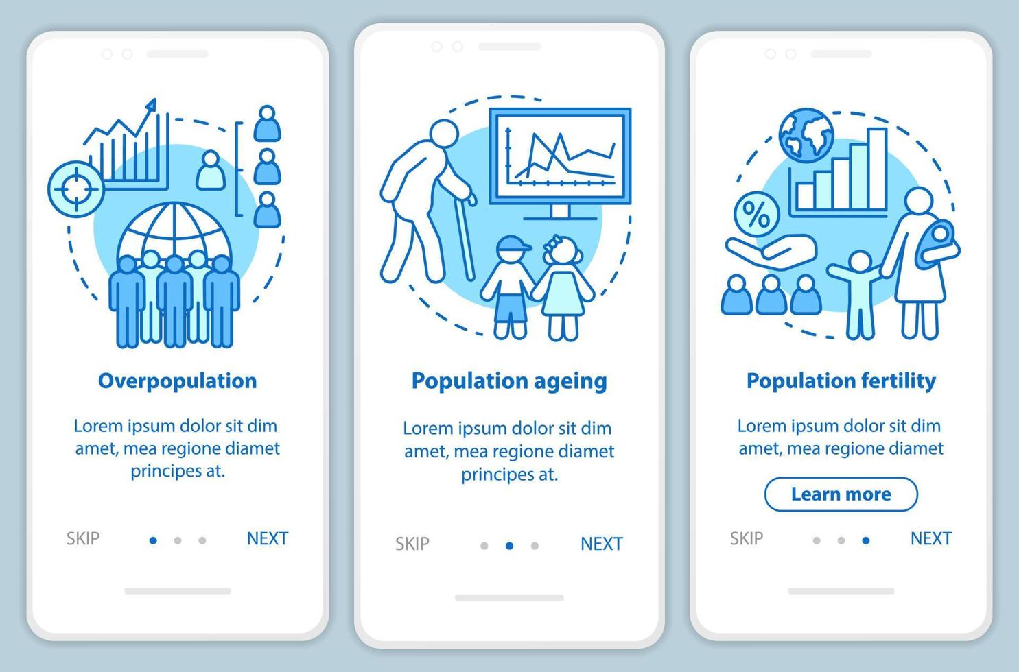 Population onboarding mobile app page screen vector template. Overpopulation, population fertility. Walkthrough website steps with linear illustrations. UX, UI, GUI smartphone interface concept