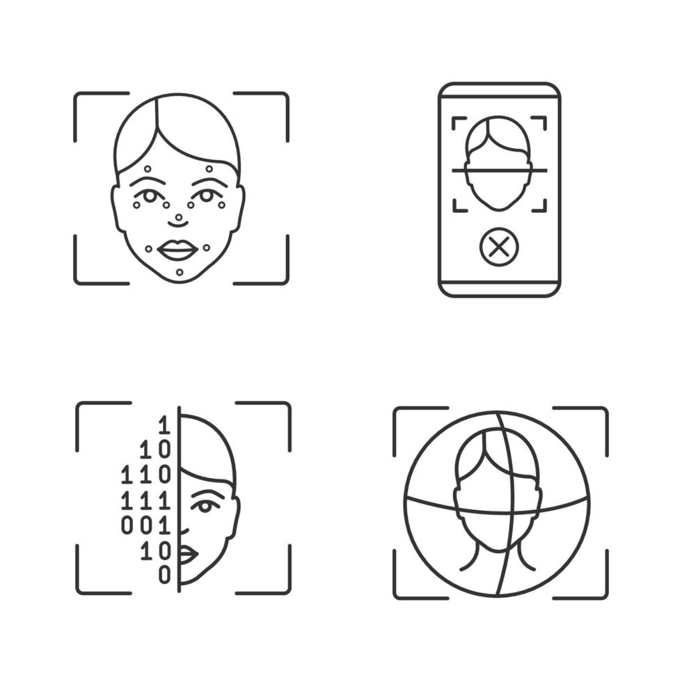 Conjunto de iconos lineales de reconocimiento facial. símbolos de contorno de línea fina. análisis de huella facial, rechazo de aplicación de teléfono inteligente de escaneo facial, código binario, explorador de identificación 3d. Ilustración de contorno de vector aislado. trazo editable