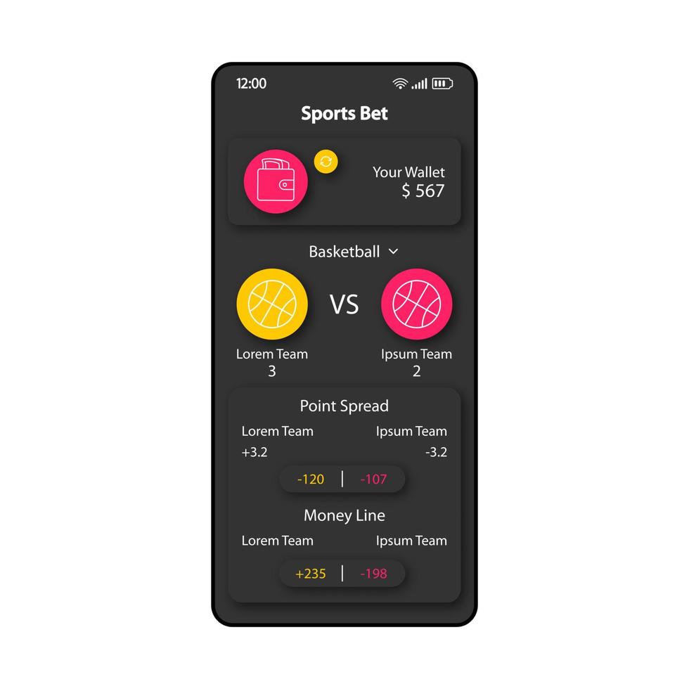 Sport bookmaker smartphone interface vector template. Mobile app page black design layout. Point spread, money line screen. Flat UI for application. Forecasting game score phone display