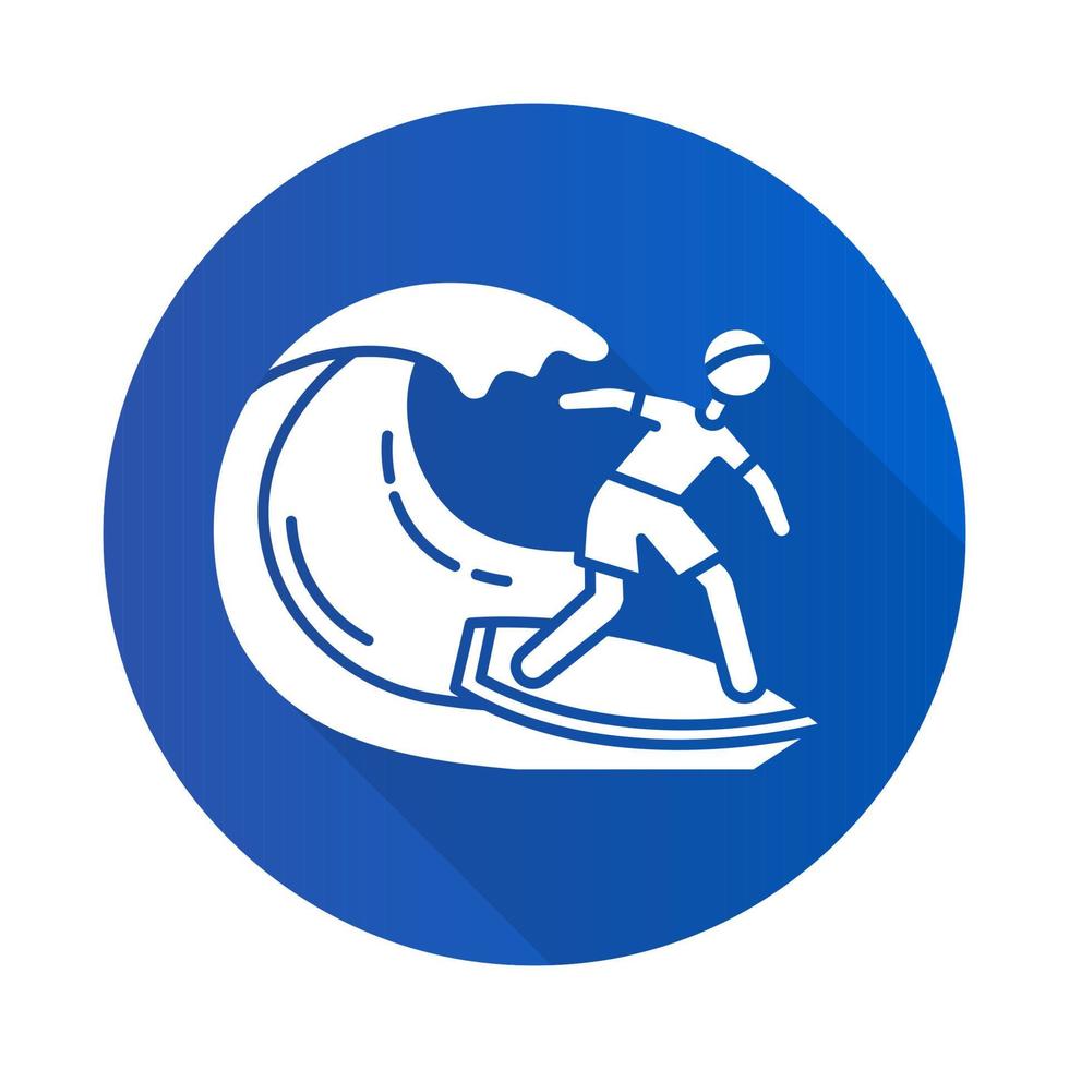 Icono de glifo de larga sombra de diseño plano azul de surf.Deporte acuático, tipo de deporte extremo. capturando olas del océano, surfista balanceándose a bordo. actividad de verano y pasatiempo. ilustración de silueta de vector