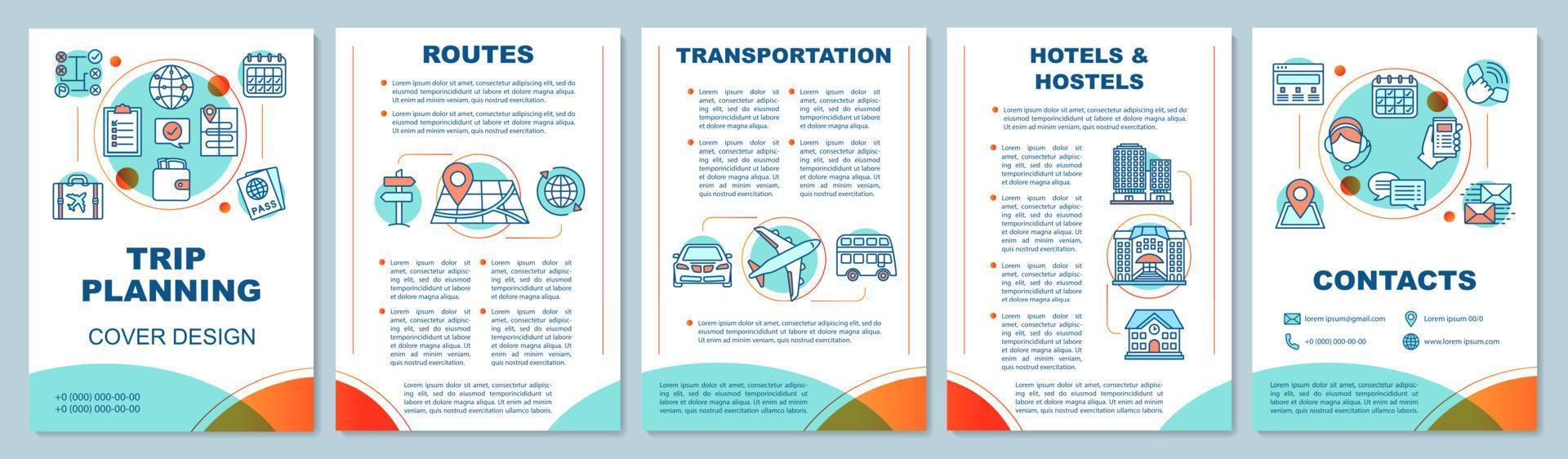 Trip planning brochure template layout. Travel agency service. Tickets, hotels booking. Flyer, booklet, leaflet print design with linear icons. Vector page layouts for magazines, reports, posters