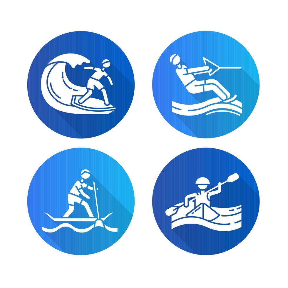 Conjunto de iconos de glifo de larga sombra de diseño plano de deportes acuáticos. surf, esquí acuático, rafting y sup boarding. tipos de deportes extremos. vacaciones de verano, ocio, aventuras, silueta, vector, ilustración vector