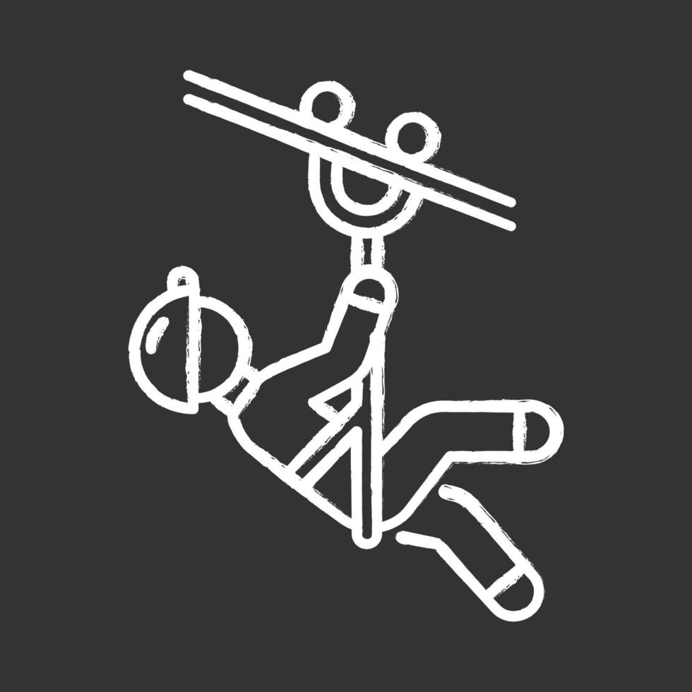 Zip line chalk icon. Canopy tour. Person with pulley on cable. Wire descend. Man sliding down rope. Extreme sport. Isolated vector chalkboard illustration