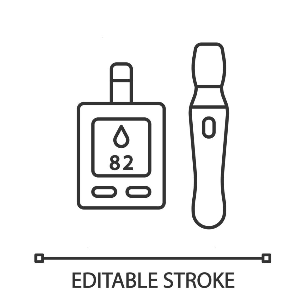 icono lineal del monitor de azúcar en sangre. prueba de nivel de glucosa. dispositivo médico para la diabetes. glucómetro. rastreador de insulina. Ilustración de línea fina. símbolo de contorno. dibujo de contorno aislado vectorial. trazo editable vector