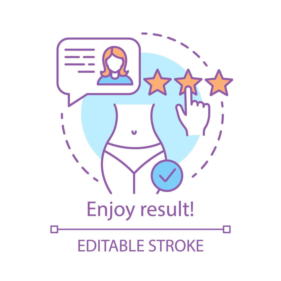 Enjoy result concept icon. Cosmetic procedure idea thin line illustration. Plastic surgery center. Liposuction. Body change. Vector isolated outline drawing. Editable stroke