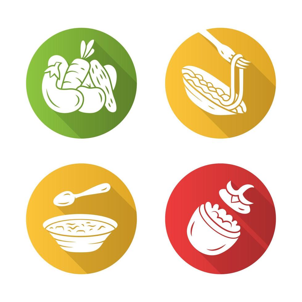 Conjunto de iconos de glifo de larga sombra de diseño plano de alimentos nutritivos. verduras, pasta, tomate relleno, sopa. cafetería, restaurante snack, aperitivo. nutrición saludable. ensalada, espaguetis. ilustración de silueta de vector