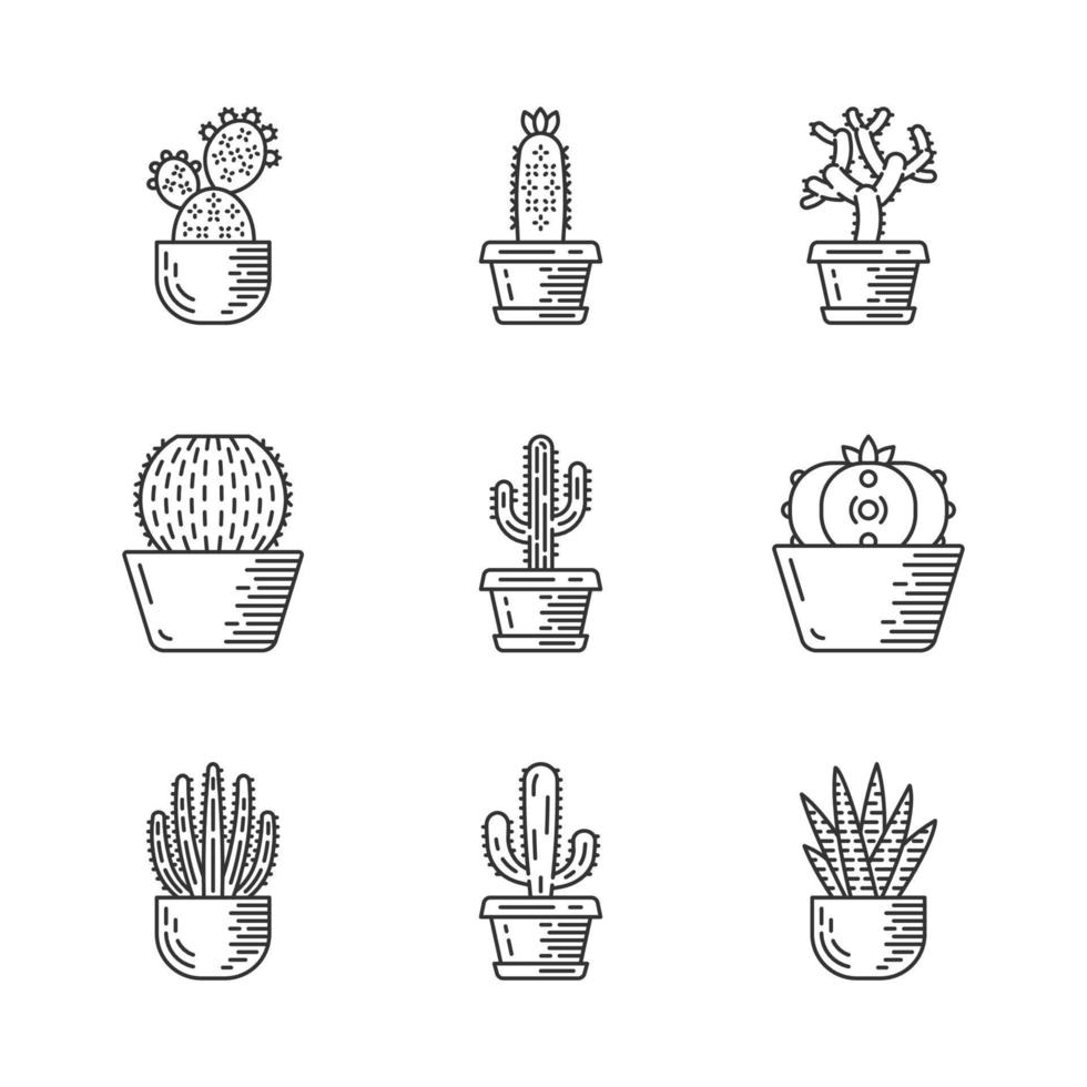 Cactuses in pots linear icons set. Mexican tropical flora. Succulents. Spiny plants. Cacti garden collection. Thin line contour symbols. Isolated vector outline illustrations. Editable stroke