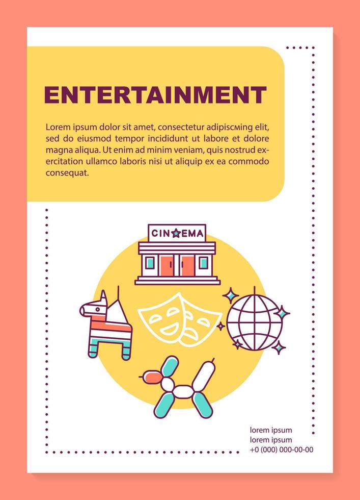 Entertainment industry poster template layout. Cinema, music and events. Banner, booklet, leaflet print design with linear icons. Vector brochure page layouts for magazines, advertising flyers