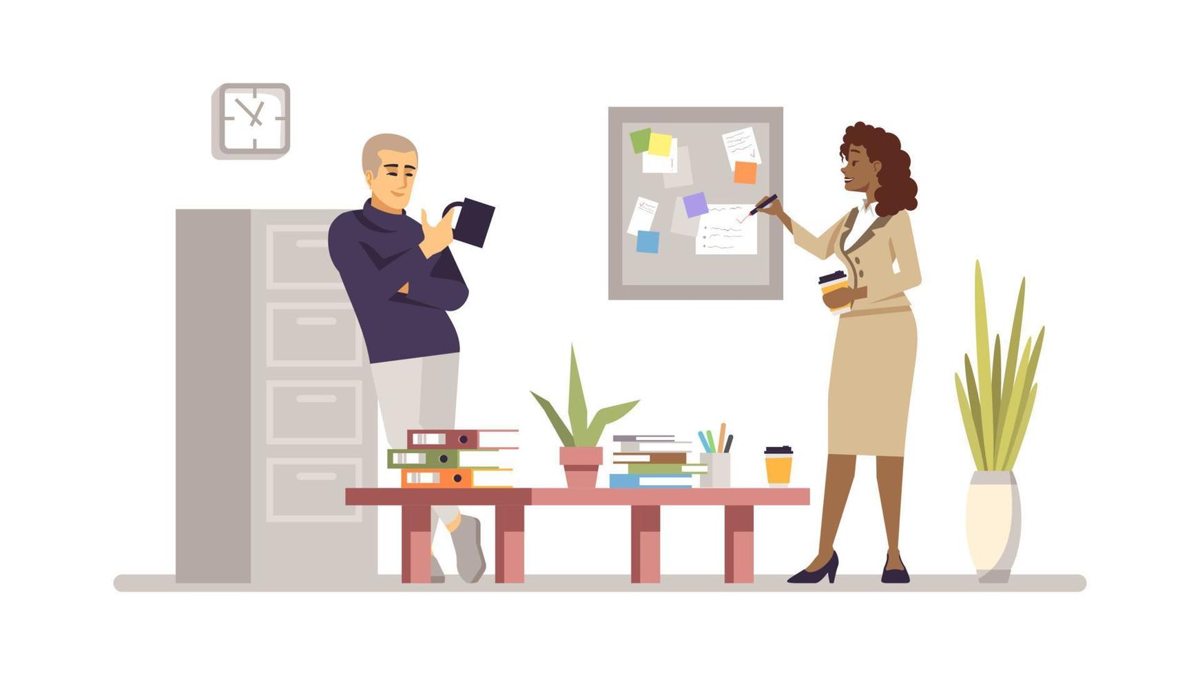 Partners, coworkers, colleagues flat vector illustration. Task, project management. Managers discussing work isolated cartoon character. Office workers planning. Dark skin woman and man with laptop