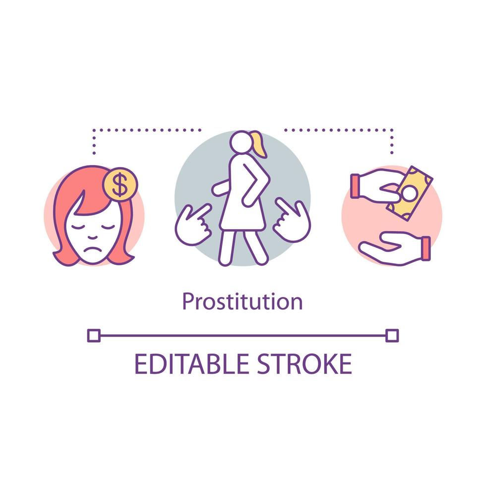 Prostitution concept icon. Sex industry worker idea thin line illustration. Sexual exploitation, slavery. Sex trafficking, illegal trade. Vector isolated outline drawing. Editable stroke