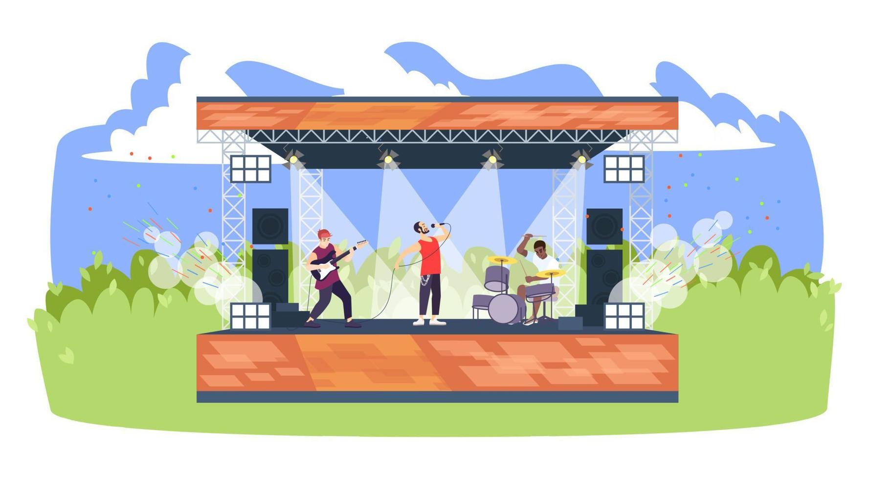 Summer rock festival flat vector illustration. Pop music summer performance. Open air live concert. Summertime outdoor rockfest. Guitarist, vocalist and drummer on stage cartoon characters