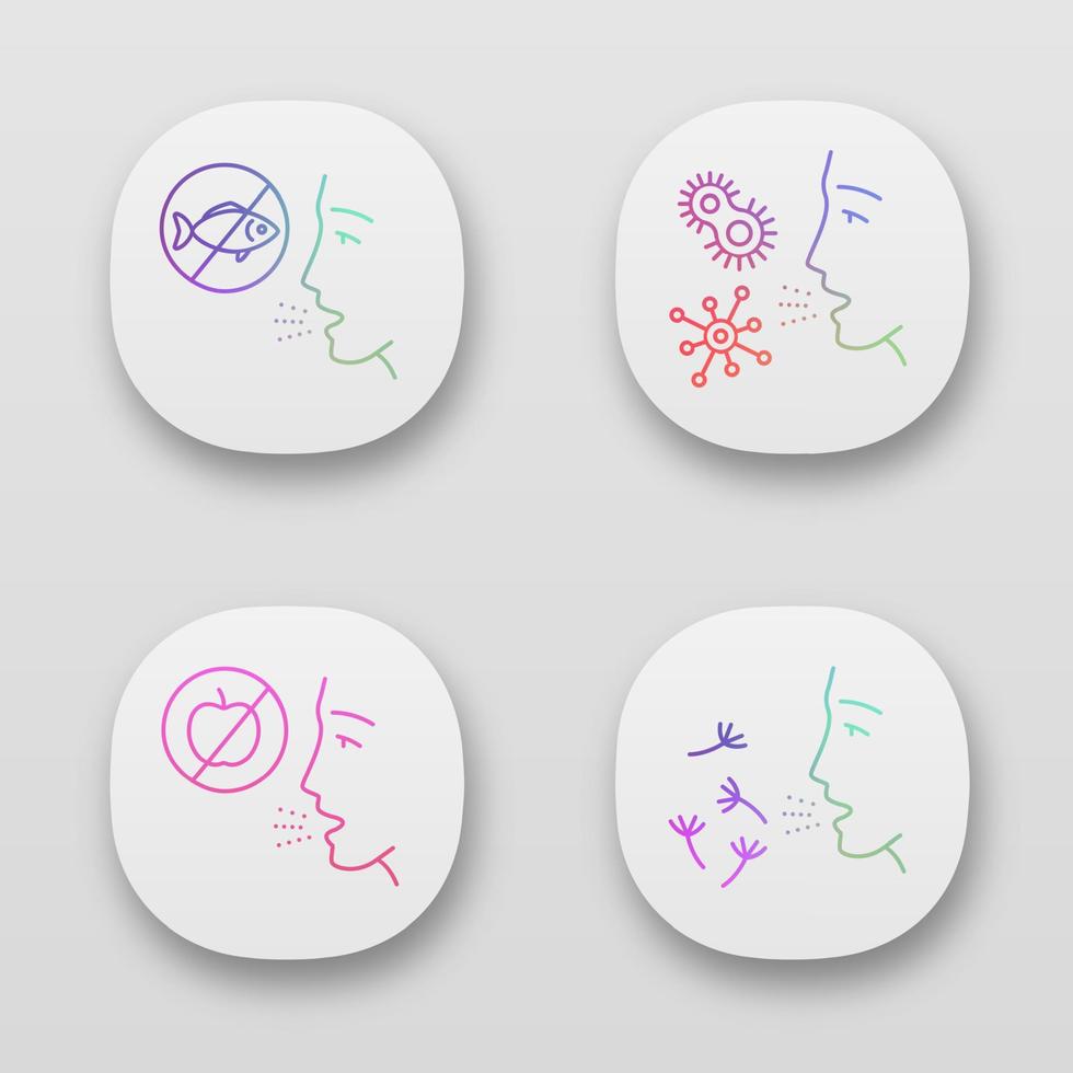 Allergies app icons set. Food, pollen, bacteria intolerance. Allergen sources. Allergic diseases. Medical problem. Web or mobile applications. Vector isolated illustrations