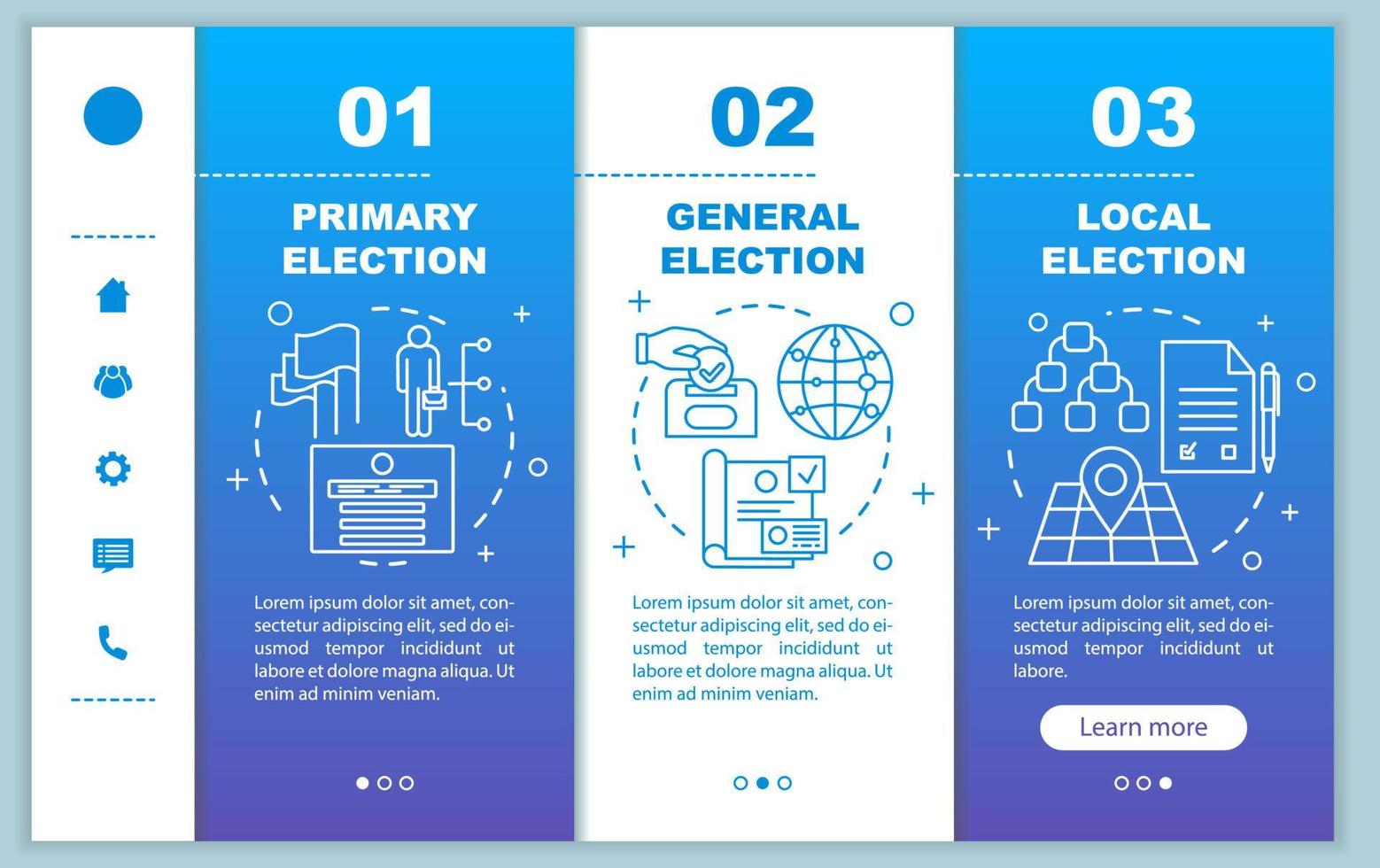 Election day onboarding mobile web pages vector template. Political figures. Responsive smartphone website interface idea with linear illustrations. Webpage walkthrough step screens. Color concept
