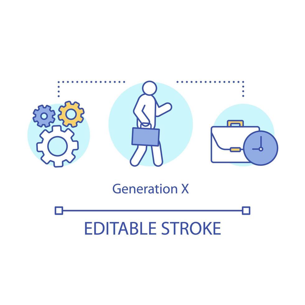 Generation X concept icon. Businessman goes to job. Work time. Man with folder, briefcase, clock, gears. Workday plan idea thin line illustration. Vector isolated outline drawing. Editable stroke