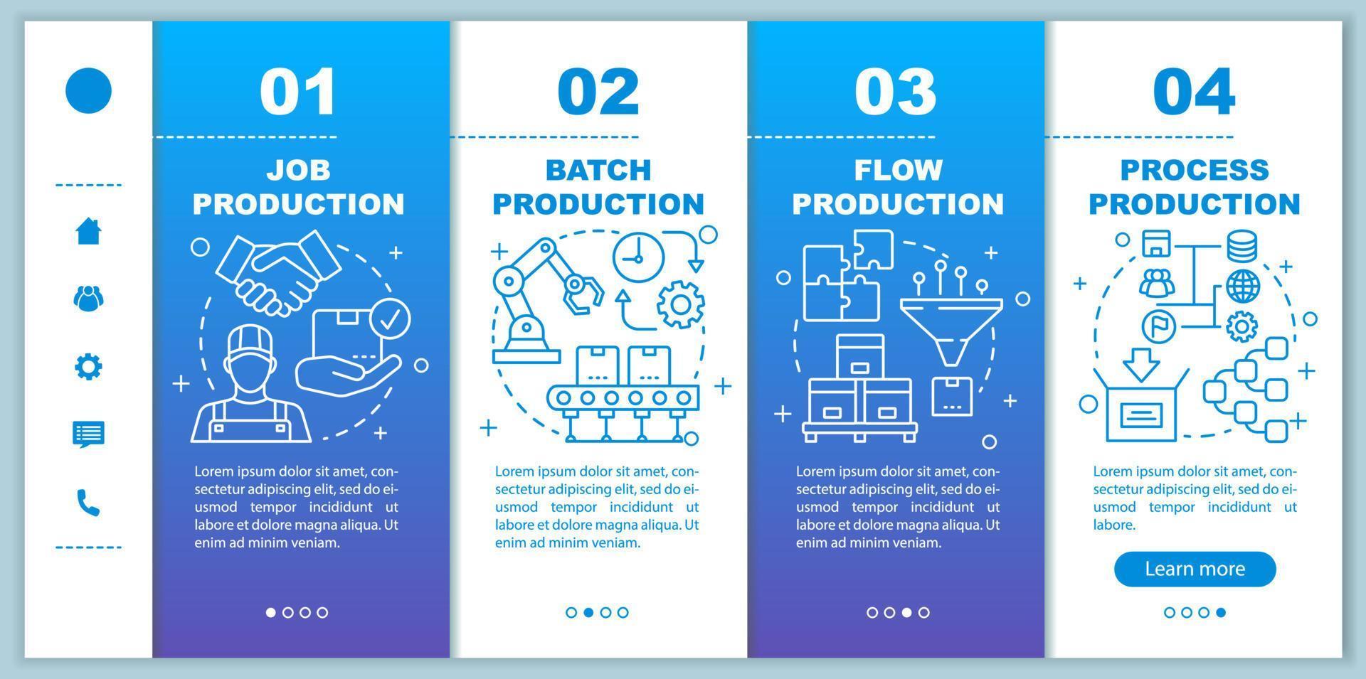 Manufacturing method onboarding mobile web pages vector template. Job, flow production. Responsive smartphone website interface idea with linear icons. Webpage walkthrough step screens. Color concept