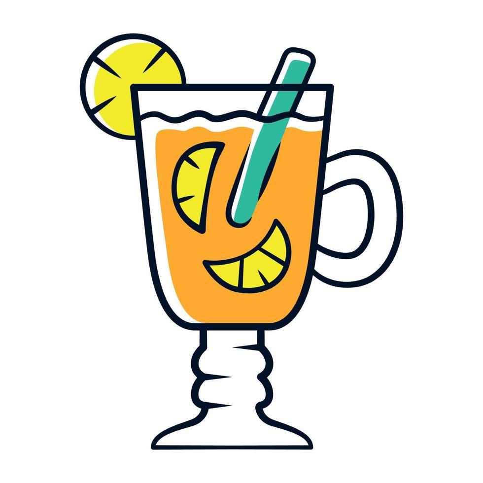 Hot toddy orange color icon. Hot whiskey in Irish coffee glass. Beverage with lemon slices and cinnamon stick in footed tumbler with handle. Warming drink Isolated vector illustration