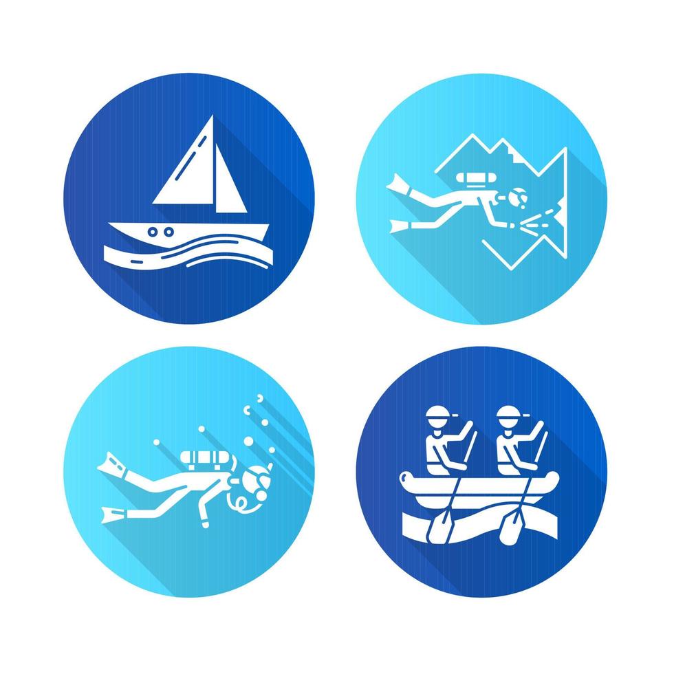 Watersports flat design long shadow glyph icons set. Cave diving, sailing and rafting. Extreme kinds of sport. Summer vacation beach activities. Diving with scuba gear. Vector silhouette illustration
