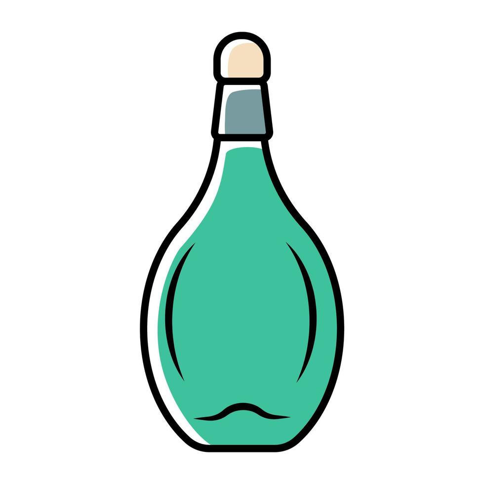 servicio de vino icono de color verde. bebida alcohólica. botella de chianti con corcho. bebida dulce de aperitivo. bar, restaurante, bodega. fiesta, fiesta, vajilla para eventos, cristalería. ilustración vectorial aislada vector