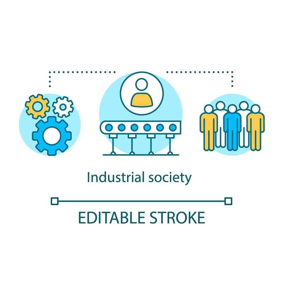 Industrial society concept icon. Labor industrialization idea thin line illustration. Urbanization, technological innovation. Modernization process. Vector isolated outline drawing. Editable stroke