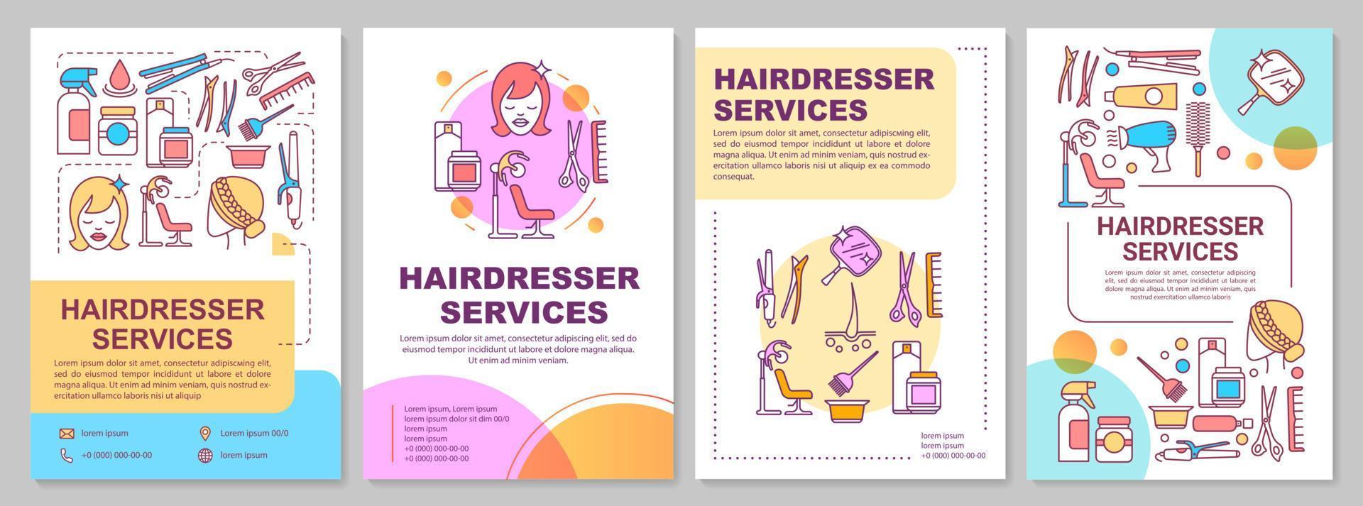 Hairdresser services brochure template layout. Hairdressing salon flyer, booklet, leaflet print design with linear illustrations. Vector page layouts for magazines, annual reports, advertising posters