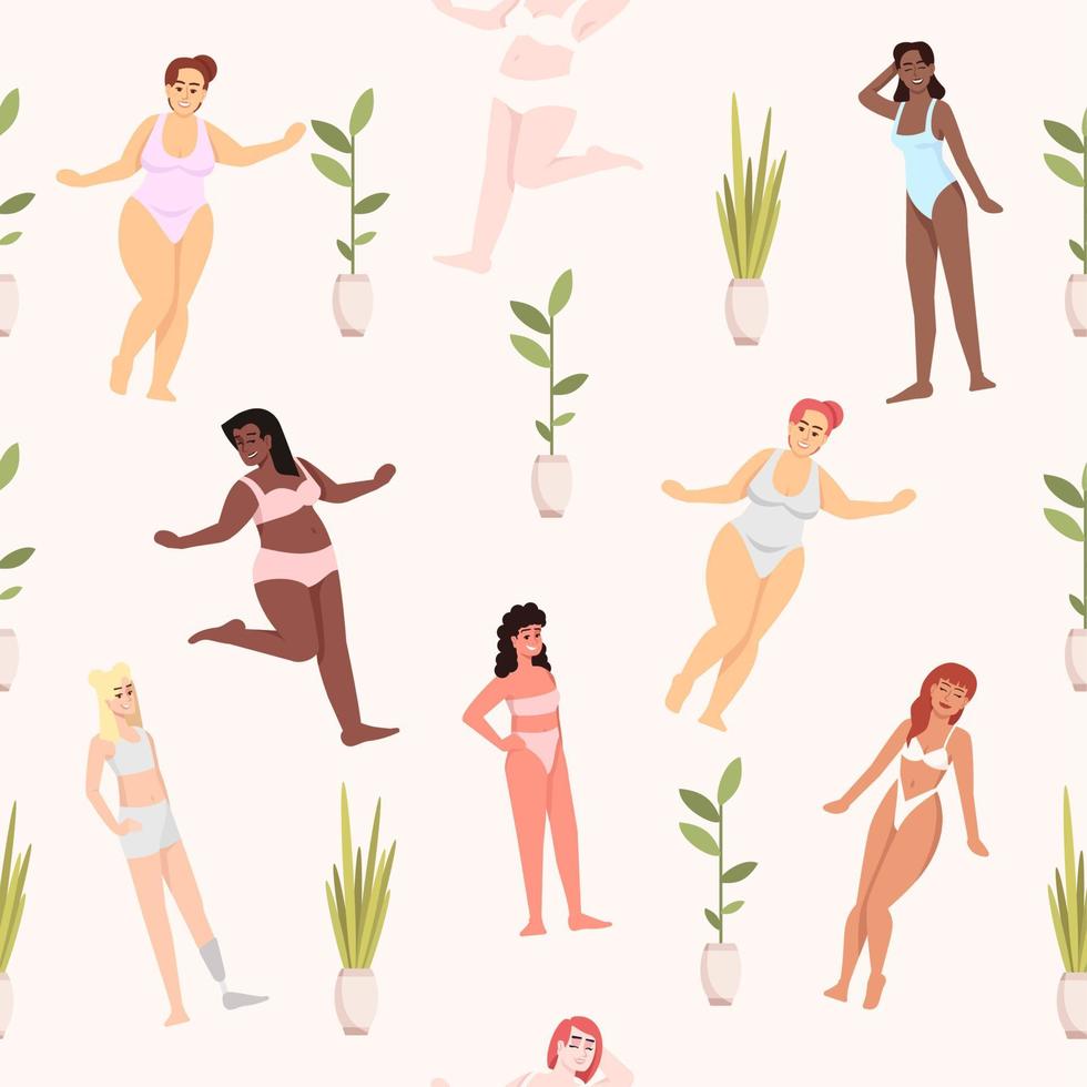 cuerpo positivo vector plano de patrones sin fisuras. fondo blanco con mujeres multiculturales en textura de traje de baño. feminismo. modelos de talla grande. chicas sonrientes. papel de regalo, diseño de papel tapiz con personajes