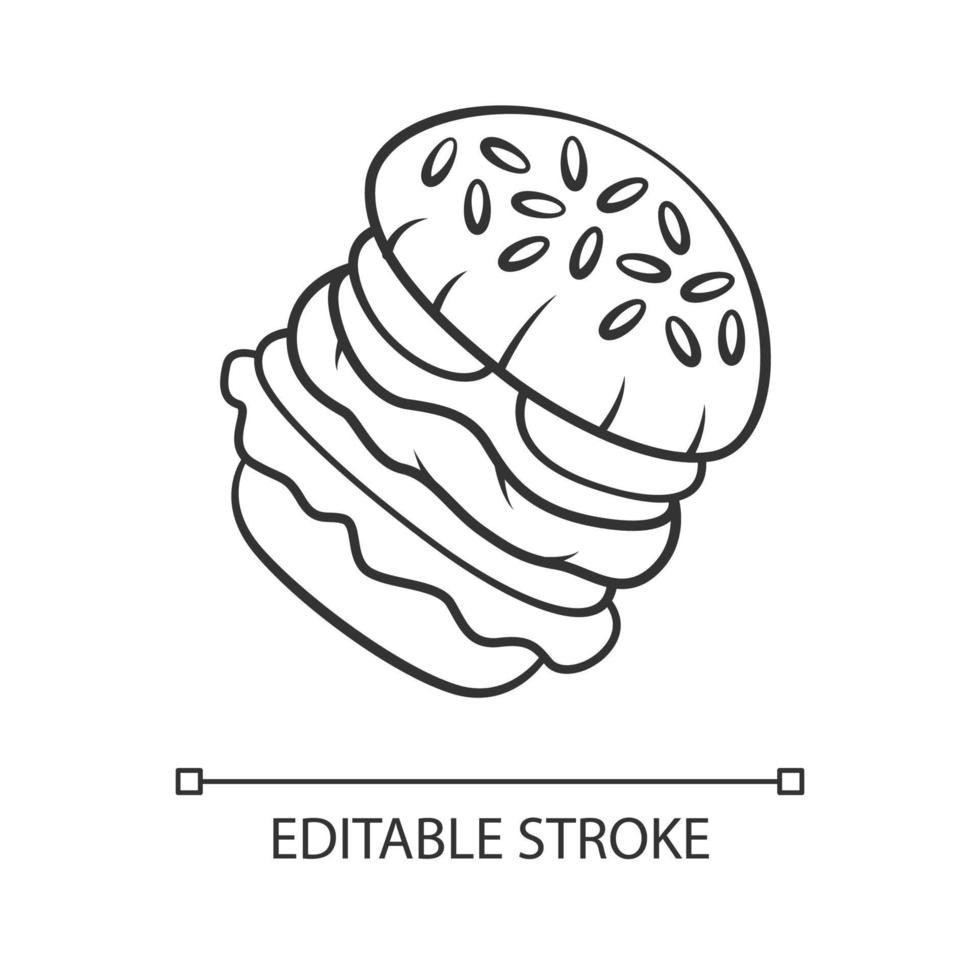 Burger linear icon. Fast food cafe, restaurant menu. Hamburger, cheeseburger, vegan burger. Sesame bun. Thin line illustration. Contour symbol. Vector isolated outline drawing. Editable stroke