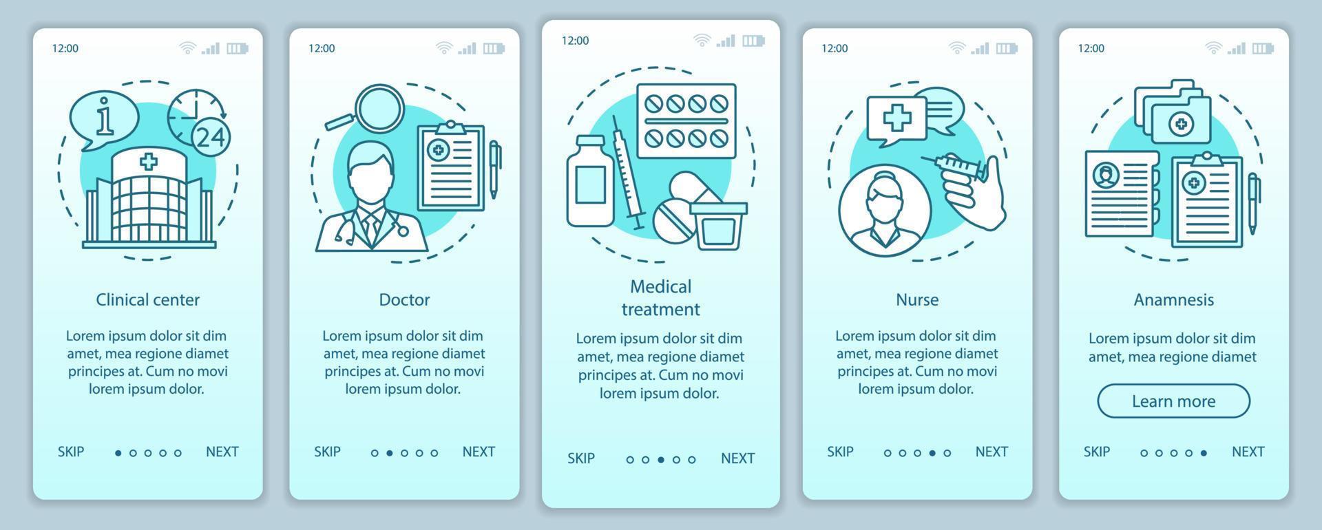 Medicine and healthcare onboarding mobile app page screen with linear concepts. Medical care, treatment patient. Hospital. Steps graphic instructions. UX, UI, GUI vector template with illustrations