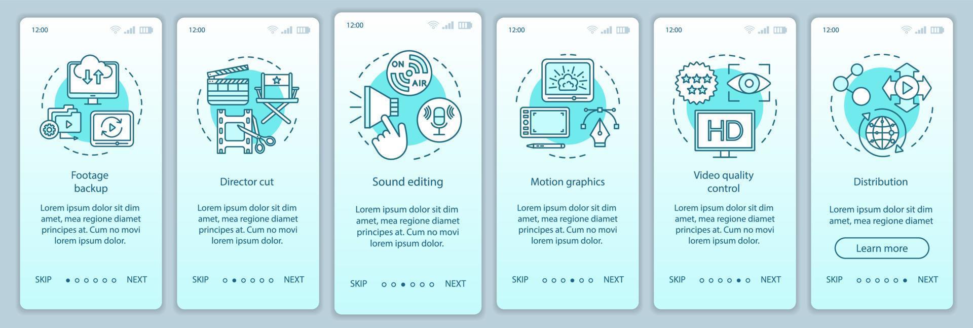 Video production onboarding mobile app page screen vector template. Film making process. Movie industry. Walkthrough website steps with linear illustrations. UX, UI, GUI smartphone interface concept