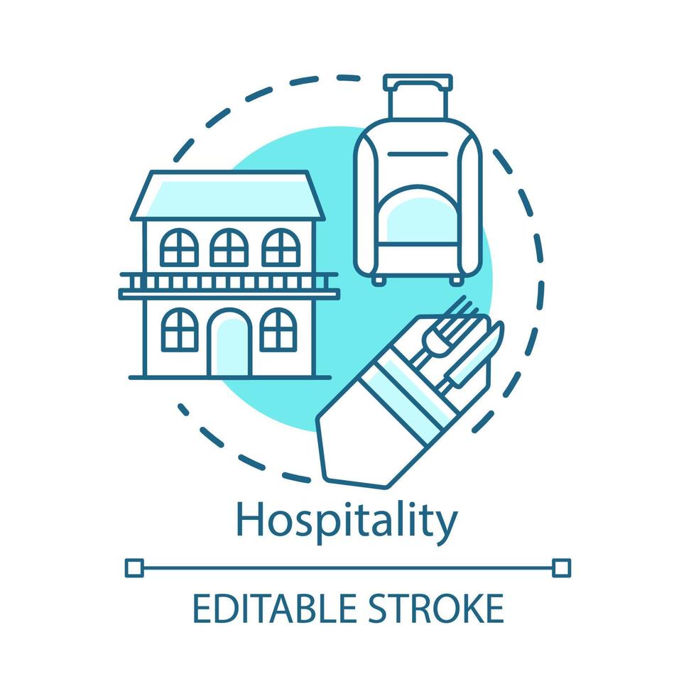 Hospitality concept icon. Lodging industry. Restaurant and hotel service. Accommodation for travelers. Tourist sector idea thin line illustration. Vector isolated outline drawing. Editable stroke