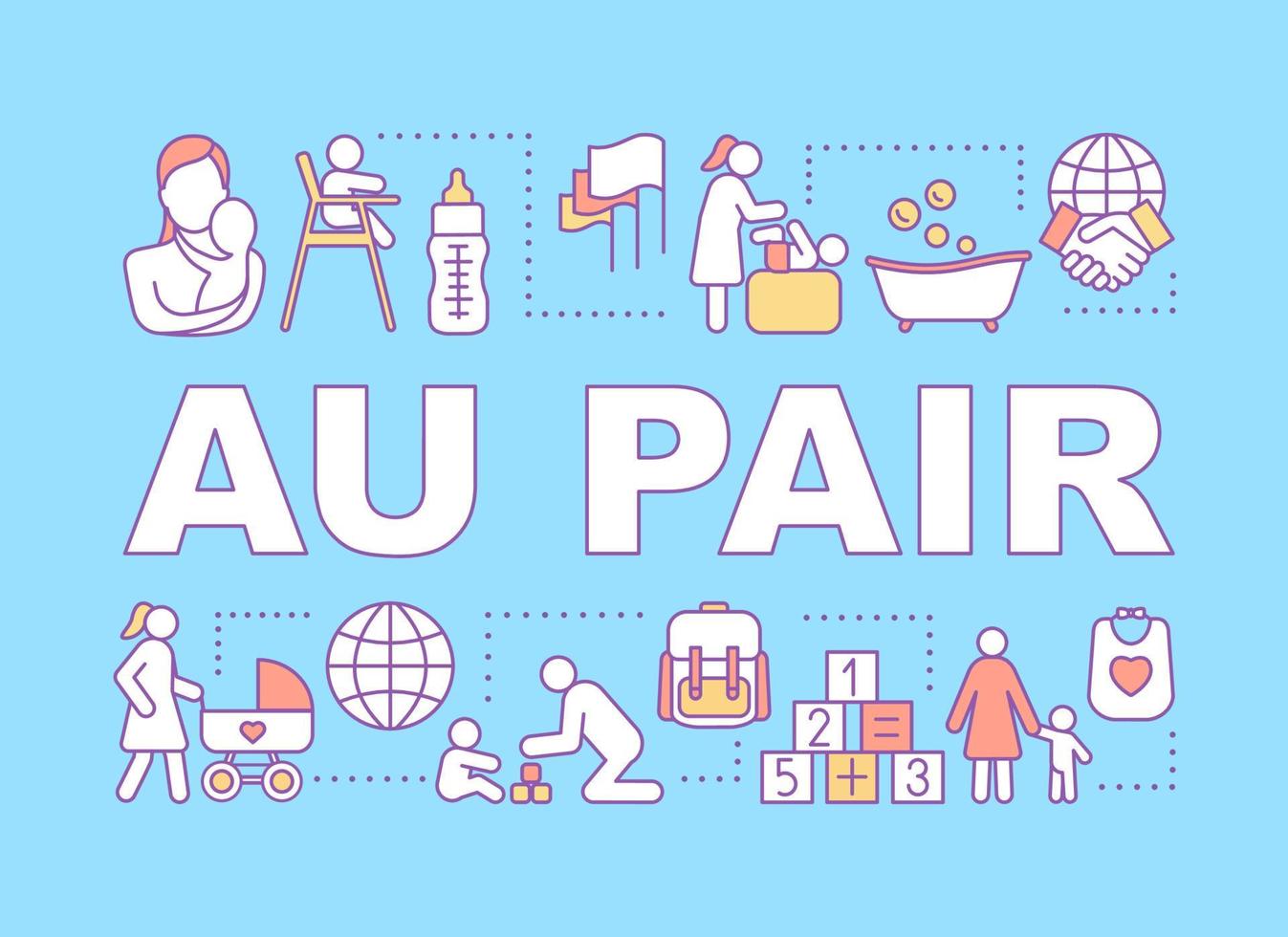 Babysitting Au Pair concepts banner. International nannies, babysitting programs. Presentation, website. Isolated lettering typography idea with linear icons. Vector outline illustration