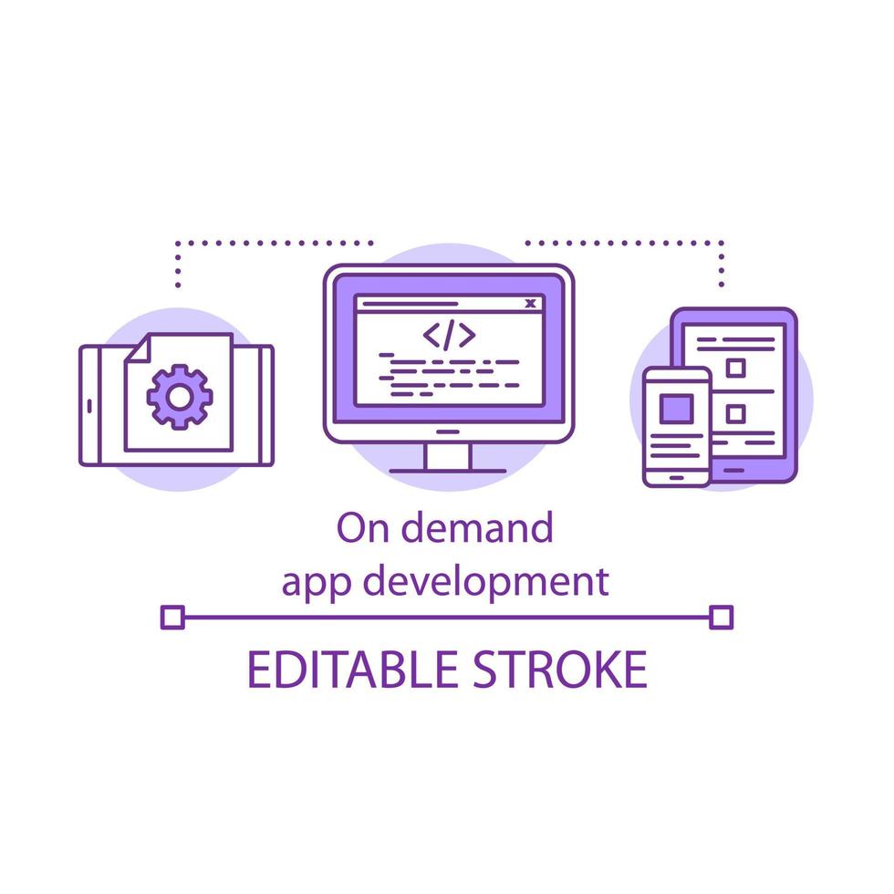 On demand app development concept icon. Software engineering service idea thin line illustration. IT industry. Cross platform file transferring vector isolated outline drawing. Editable stroke