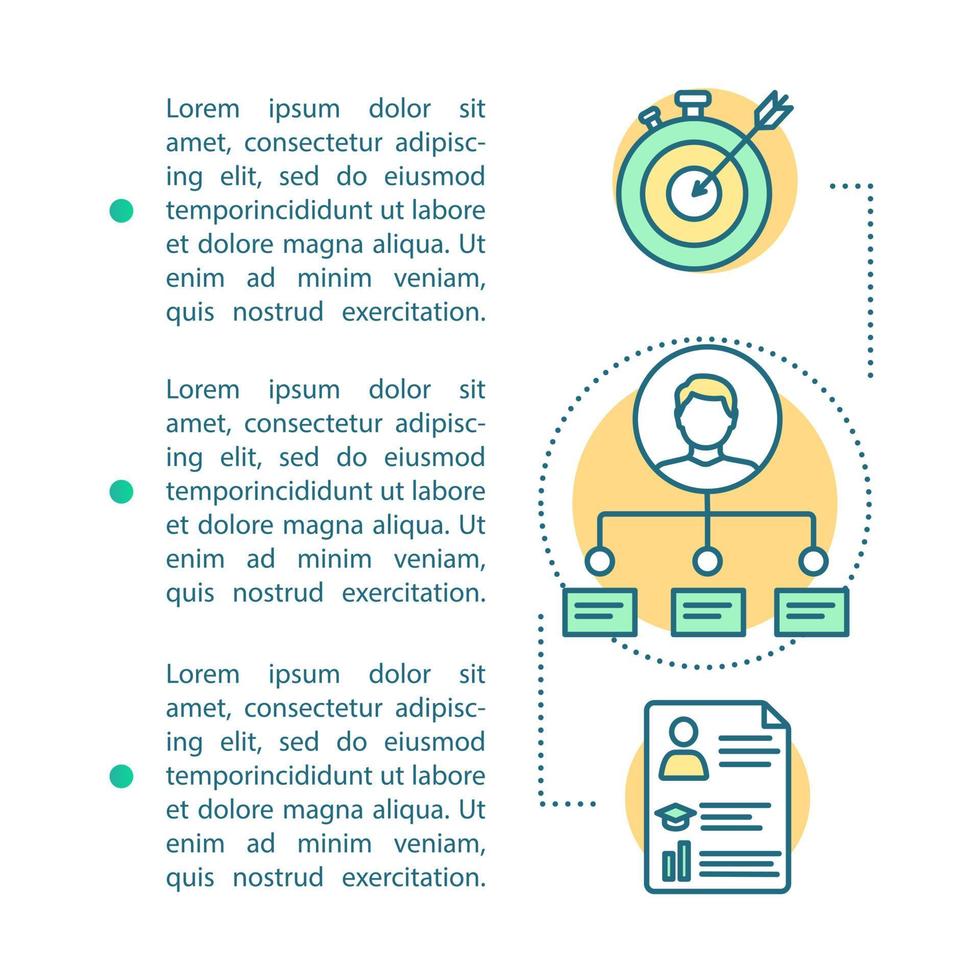Goal achievement article page vector template. HR management. Staff recruitment. Brochure, magazine, booklet design with icons and text boxes. Professional skills. Getting job. Concept with text space
