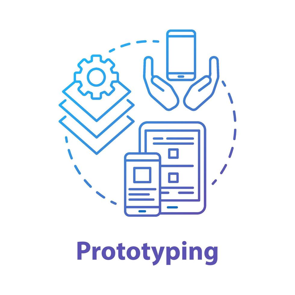 Prototyping concept icon. Software development tools idea thin line illustration. Mobile device app programming. Responsive application design. Application management. Vector isolated outline drawing