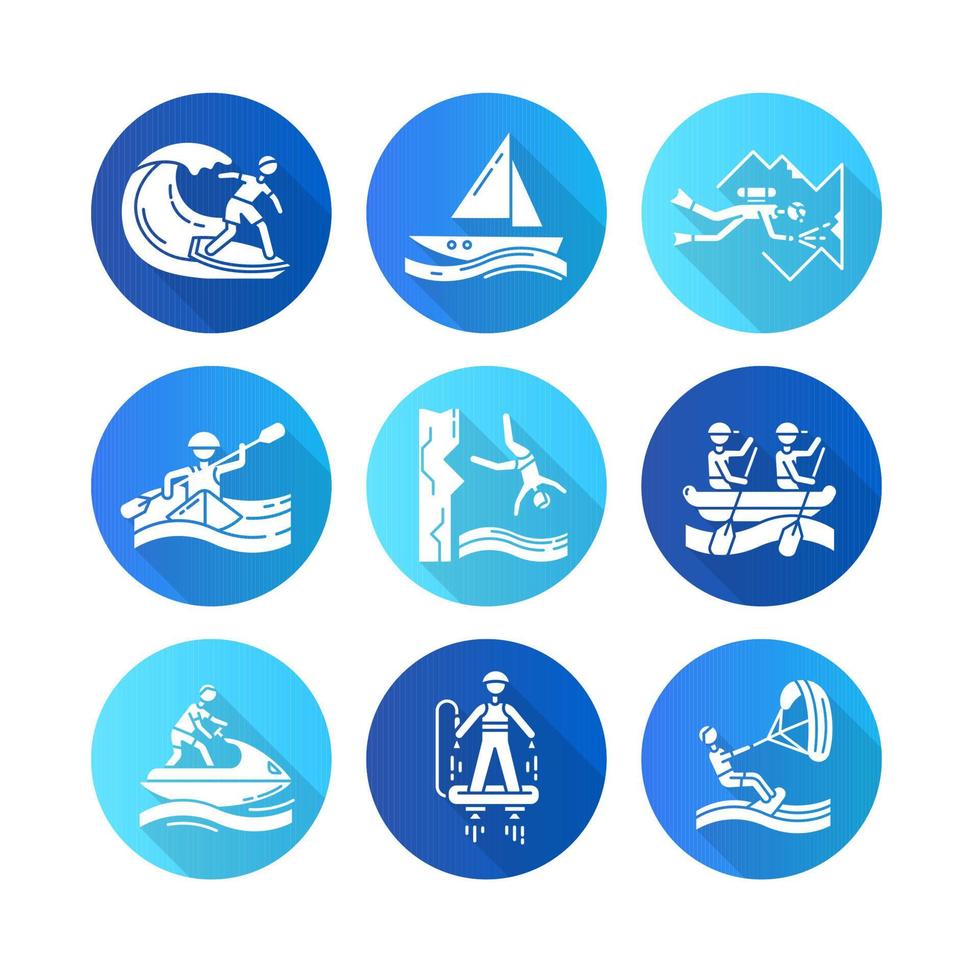 Conjunto de iconos de glifo de larga sombra de diseño plano de deportes acuáticos. buceo en cuevas, surf, flyboard y vela. acantilado, kayak y windsurf. tipos extremos de deportes silueta ilustración vectorial. vector