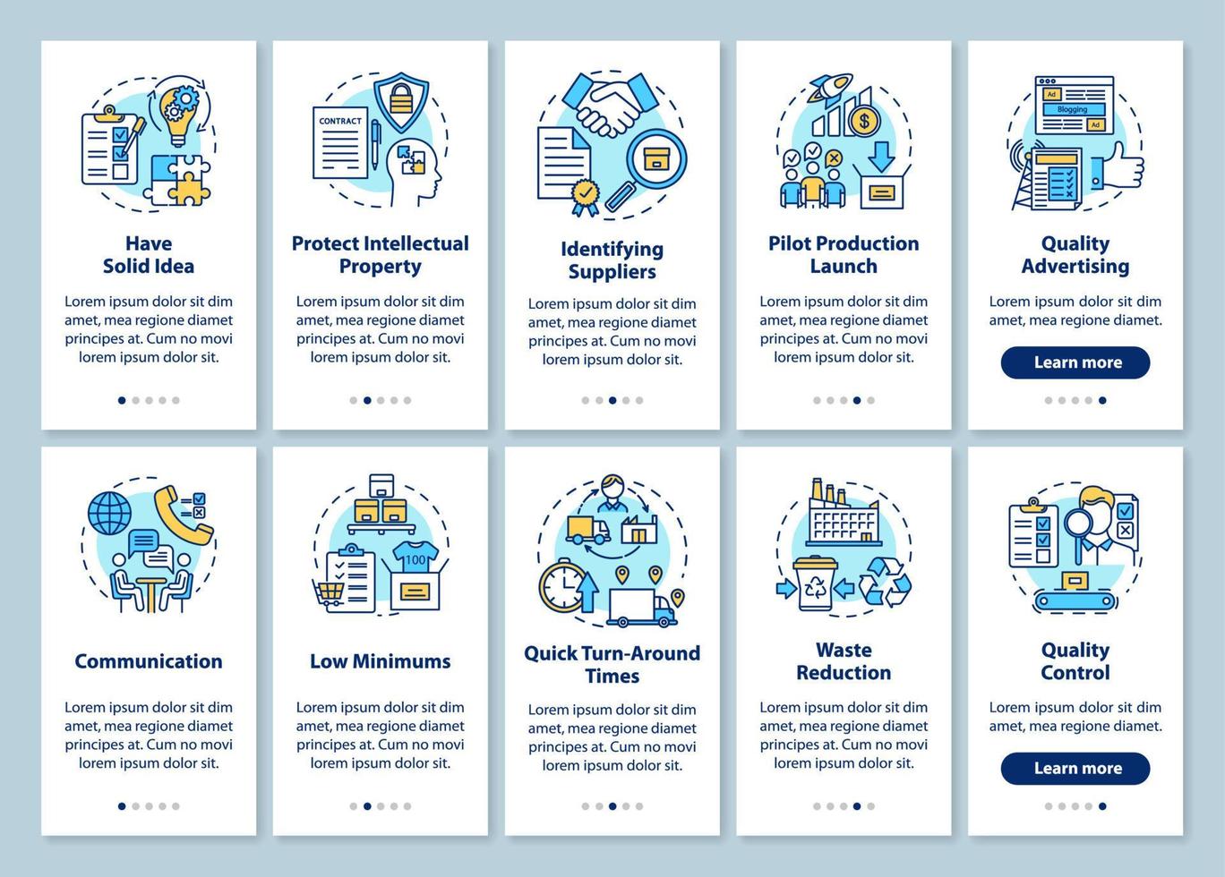 Local production onboarding mobile app page screen, linear concepts. Entrepreneurship. Business launch, development. Walkthrough steps graphic instructions. UX, UI, GUI vector template, illustrations