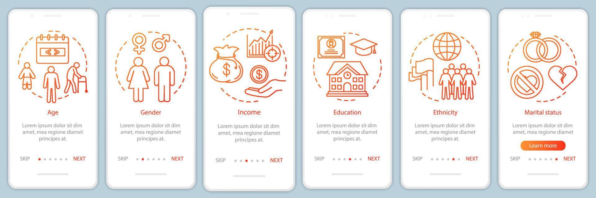 Demografía naranja degradado incorporación de plantilla de vector de pantalla de página de aplicación móvil. Pasos del sitio web de la evaluación de la personalidad con ilustraciones lineales. concepto de interfaz de teléfono inteligente ux, ui, gui