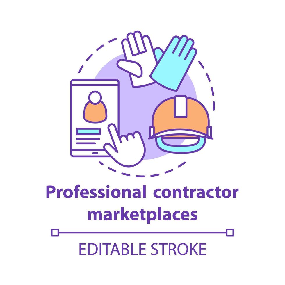 Professional contractor marketplaces concept icon. Construction industry, repair service idea thin line illustration. Smartphone, hard hat and gloves vector isolated outline drawing. Editable stroke