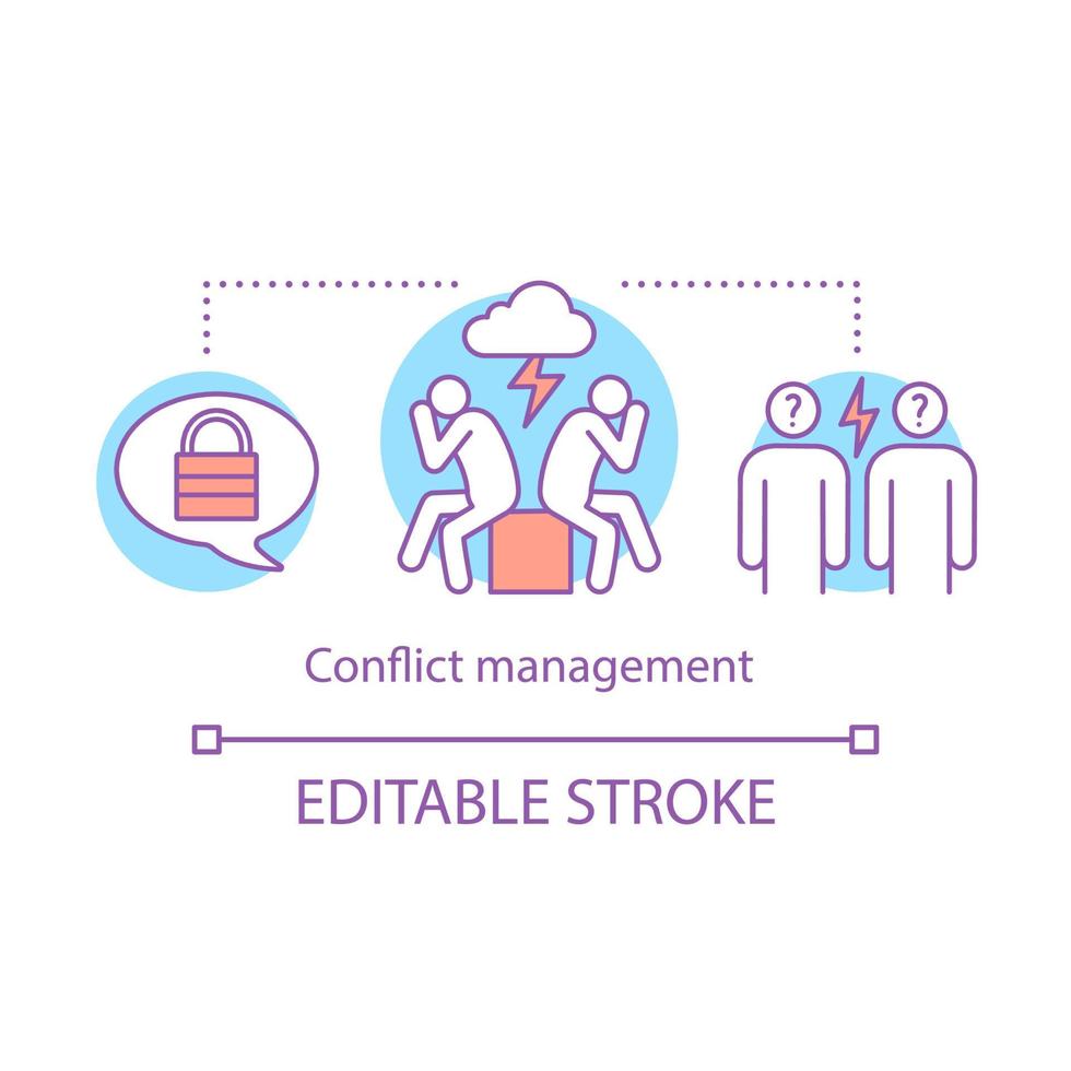 Conflict management concept icon. Misunderstanding idea thin line illustration. Stress tolerance. Dispute resolution. Vector isolated outline drawing. Editable stroke