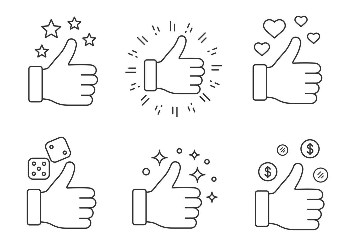 Like linear icons set. Thin line contour symbols. Good luck. Thumbs up. Good, nice, ok, cool, success hand gesture. Social media. Isolated vector outline illustrations. Editable stroke