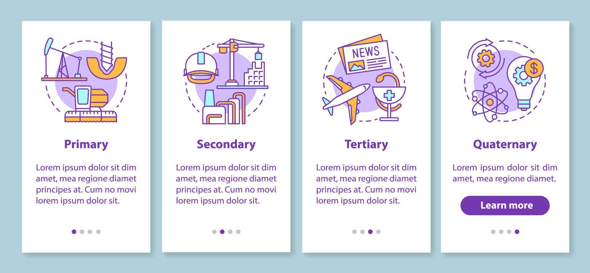 proceso de fabricación que incorpora la pantalla de la página de la aplicación móvil con conceptos lineales. instrucciones gráficas de pasos de recorrido primario, secundario, terciario y cuaternario. ux, ui, plantilla de vector de interfaz gráfica de usuario con iconos