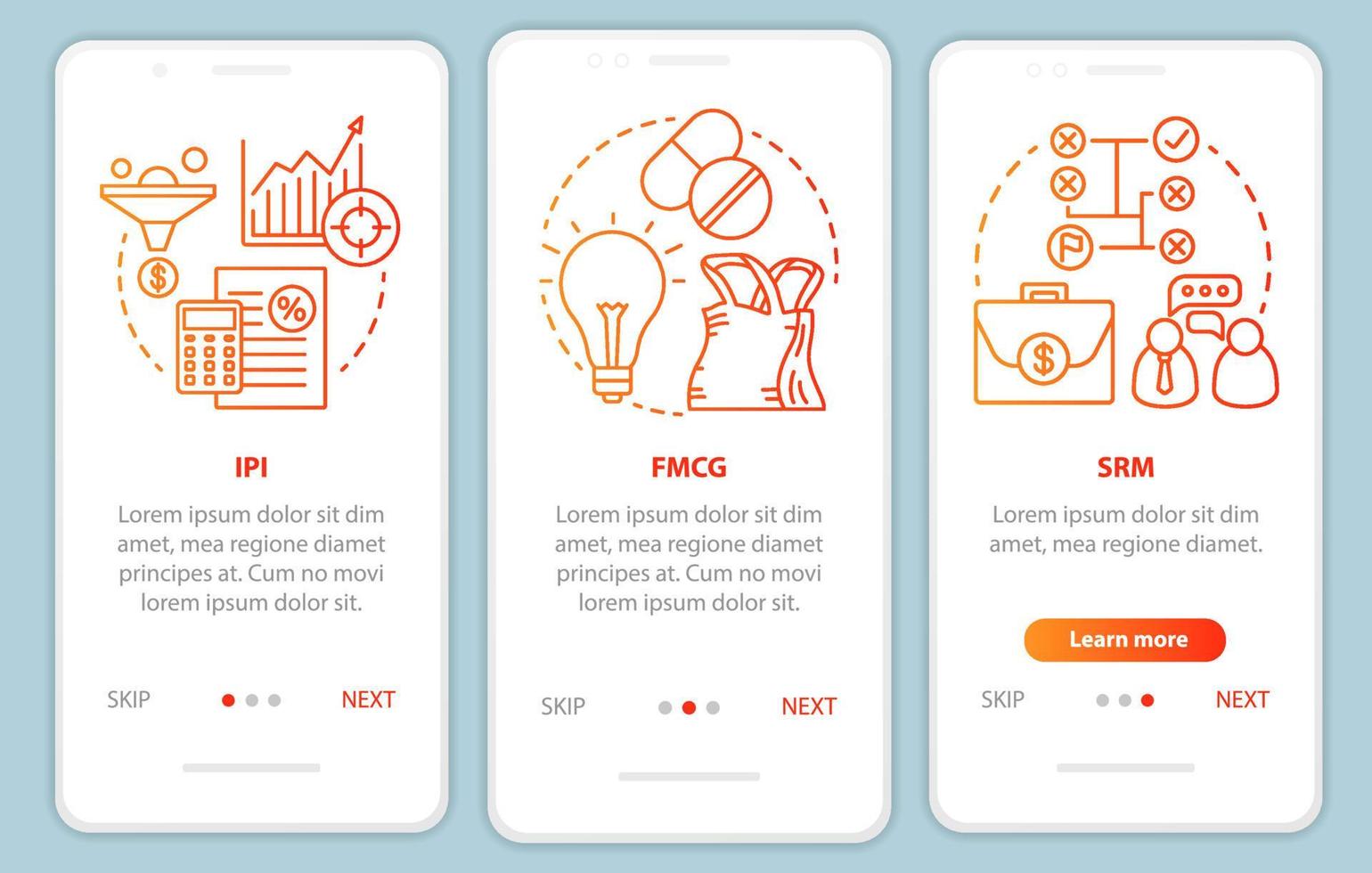 Industry management red onboarding mobile app page screen vector template. Manufacturing, IPI, FMCG, SRM. Walkthrough website steps with linear illustrations. UX, UI, GUI smartphone interface concept